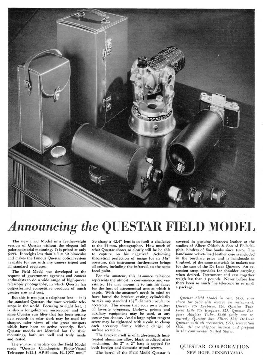 Questar advertisement, <em>Sky and Telescope</em>, May 1956