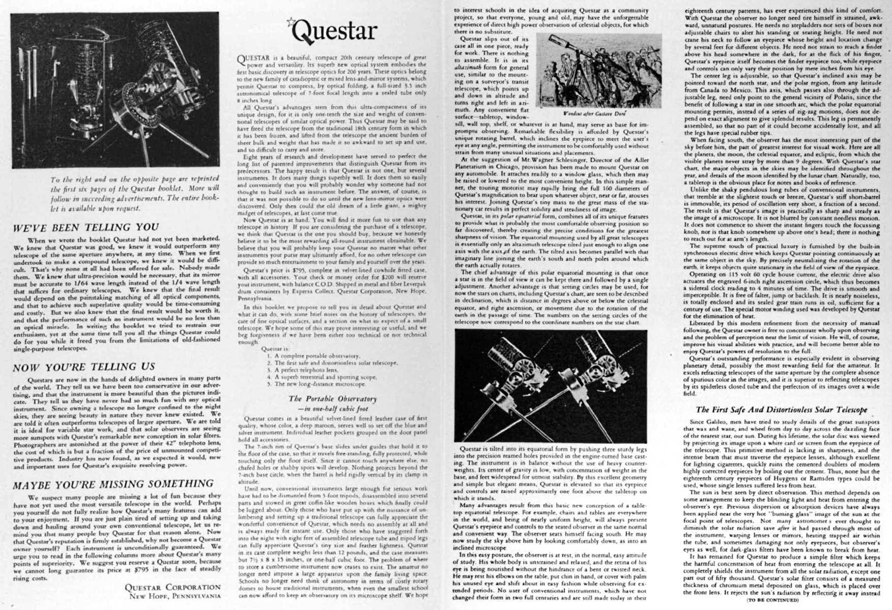 Questar advertisement, <em>Sky and Telescope</em>, November 1955