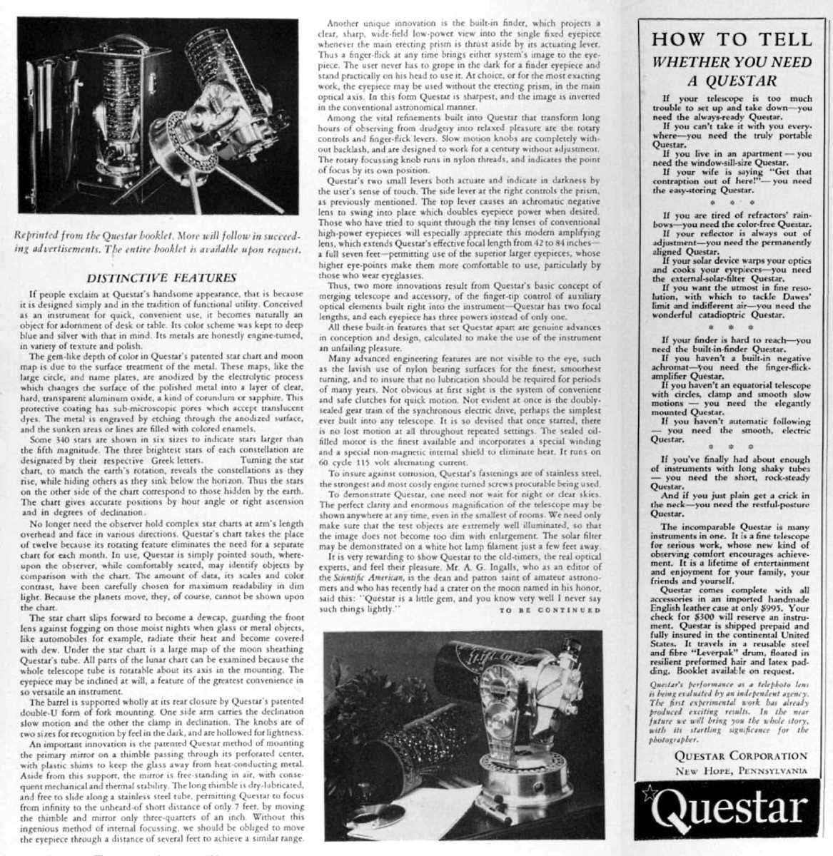Questar advertisement, <em>Sky and Telescope</em>, January 1956