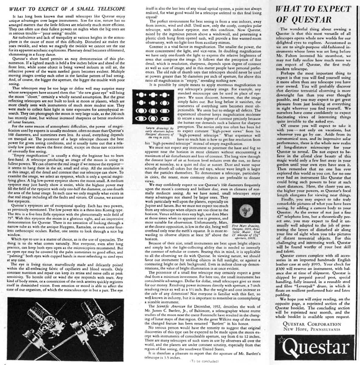 Questar advertisement, <em>Sky and Telescope</em>, March 1956