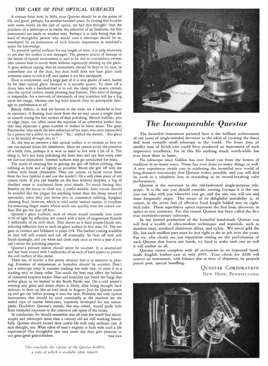 Questar advertisement, <em>Sky and Telescope</em>, April 1956