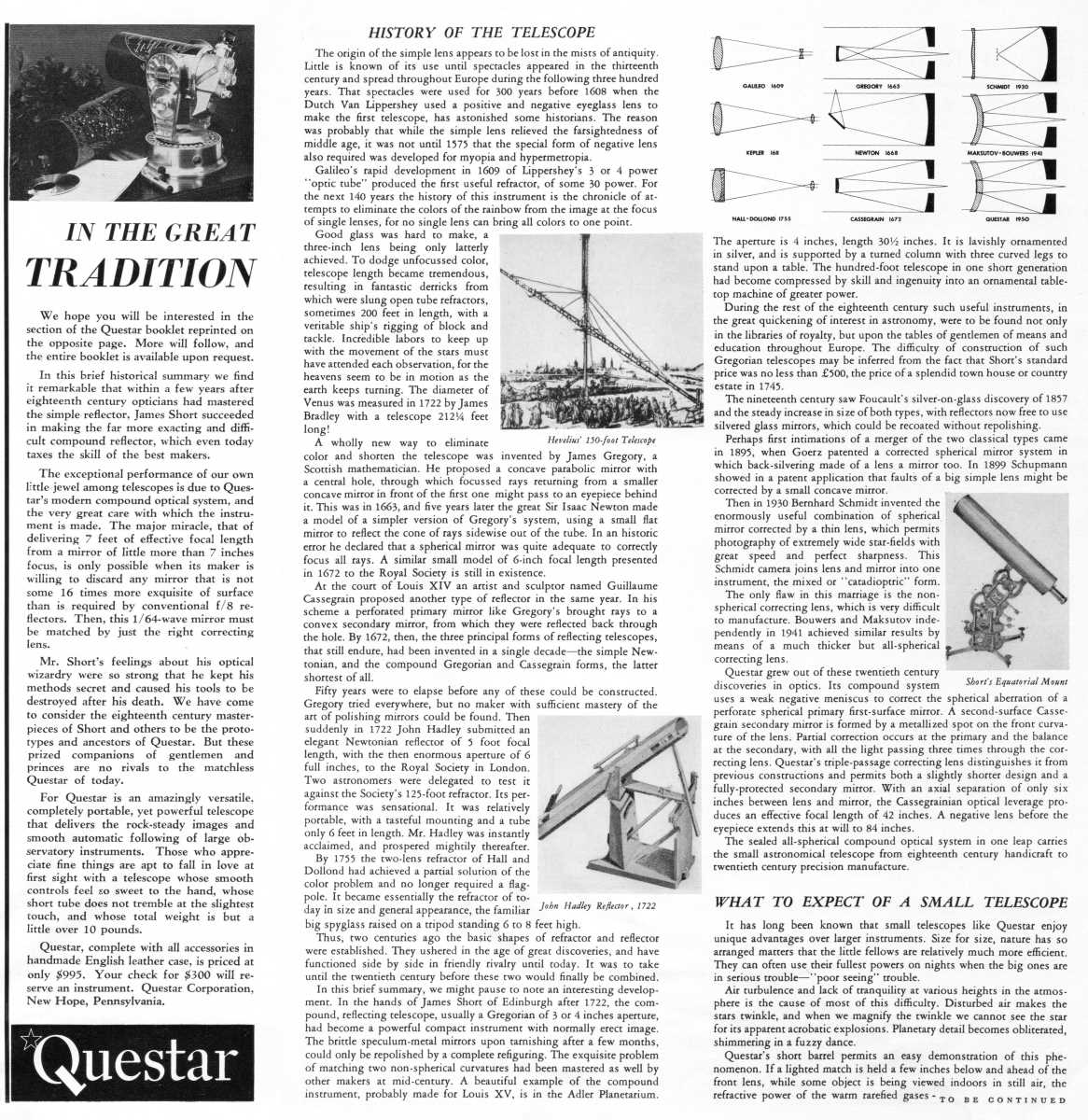 Questar advertisement, <em>Sky and Telescope</em>, February 1956