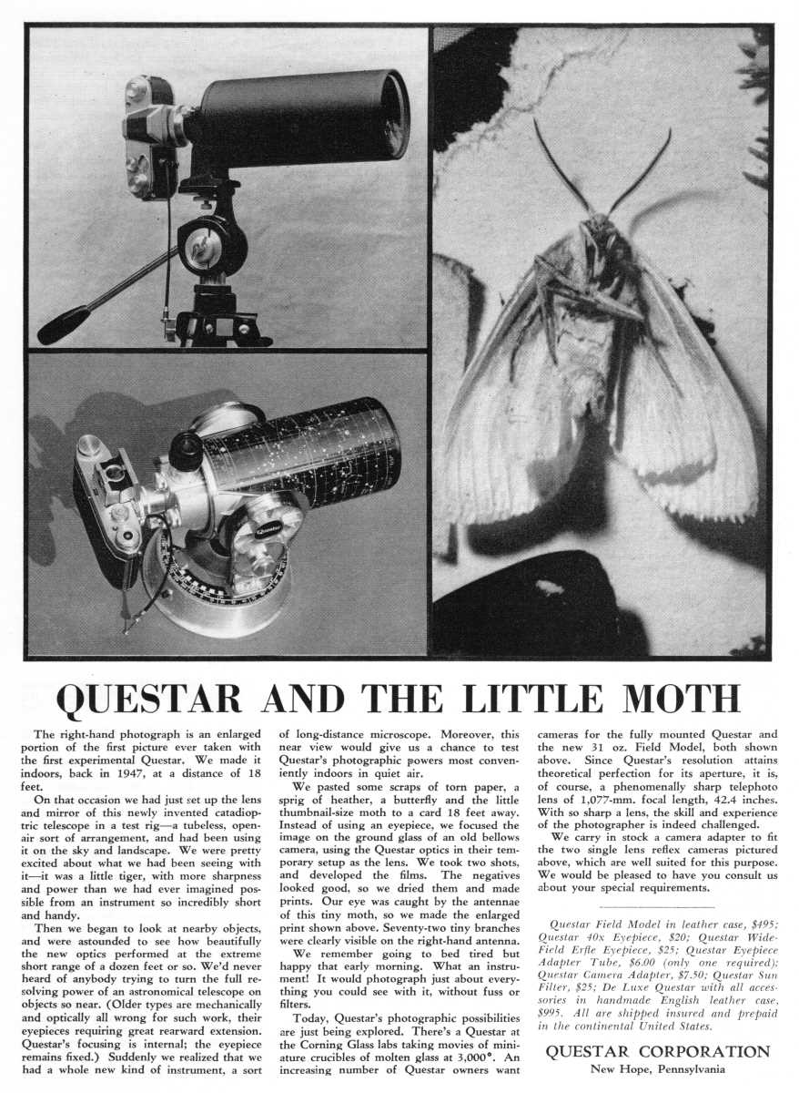 Questar advertisement, <em>Sky and Telescope</em>, August 1956