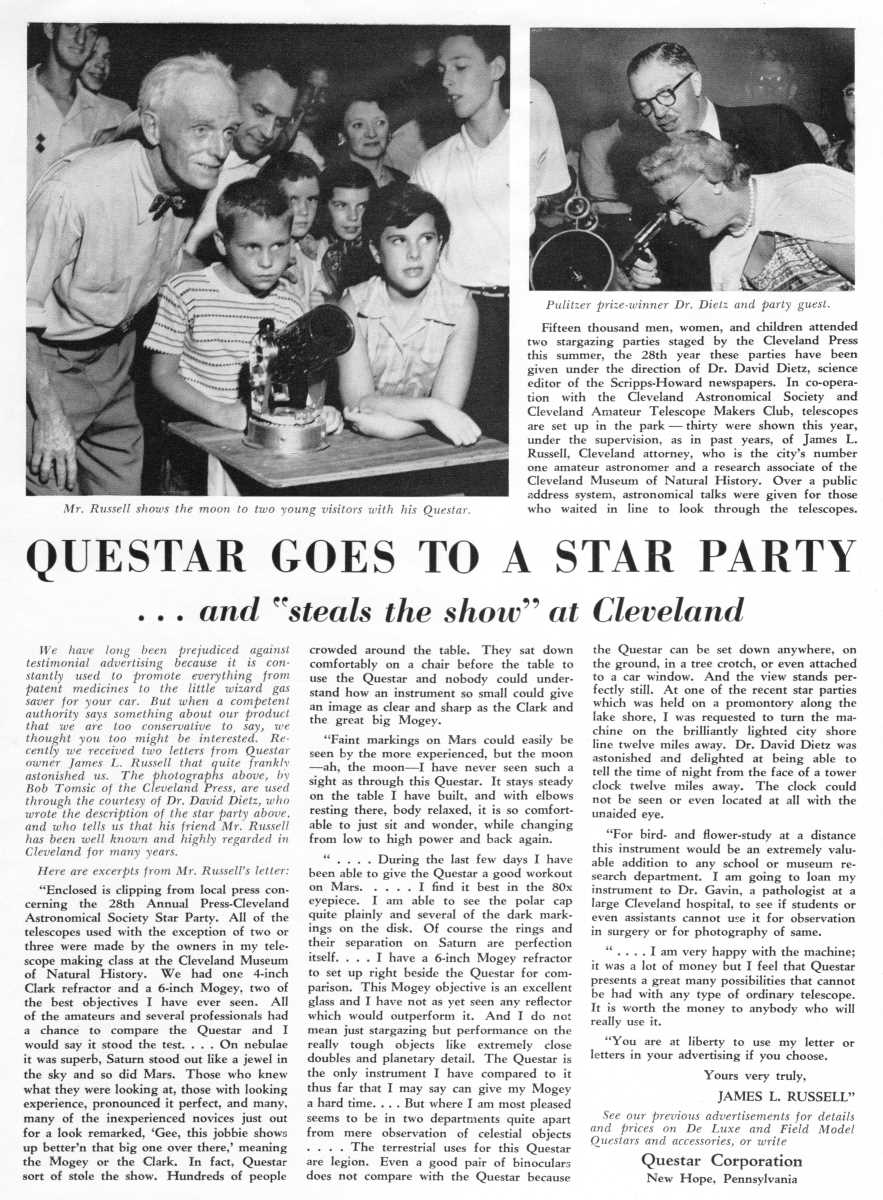 Questar advertisement, <em>Sky and Telescope</em>, November 1956