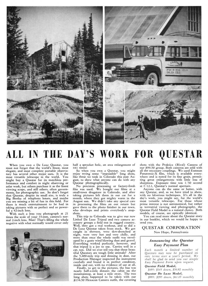 Questar advertisement, <em>Sky and Telescope</em>, December 1956