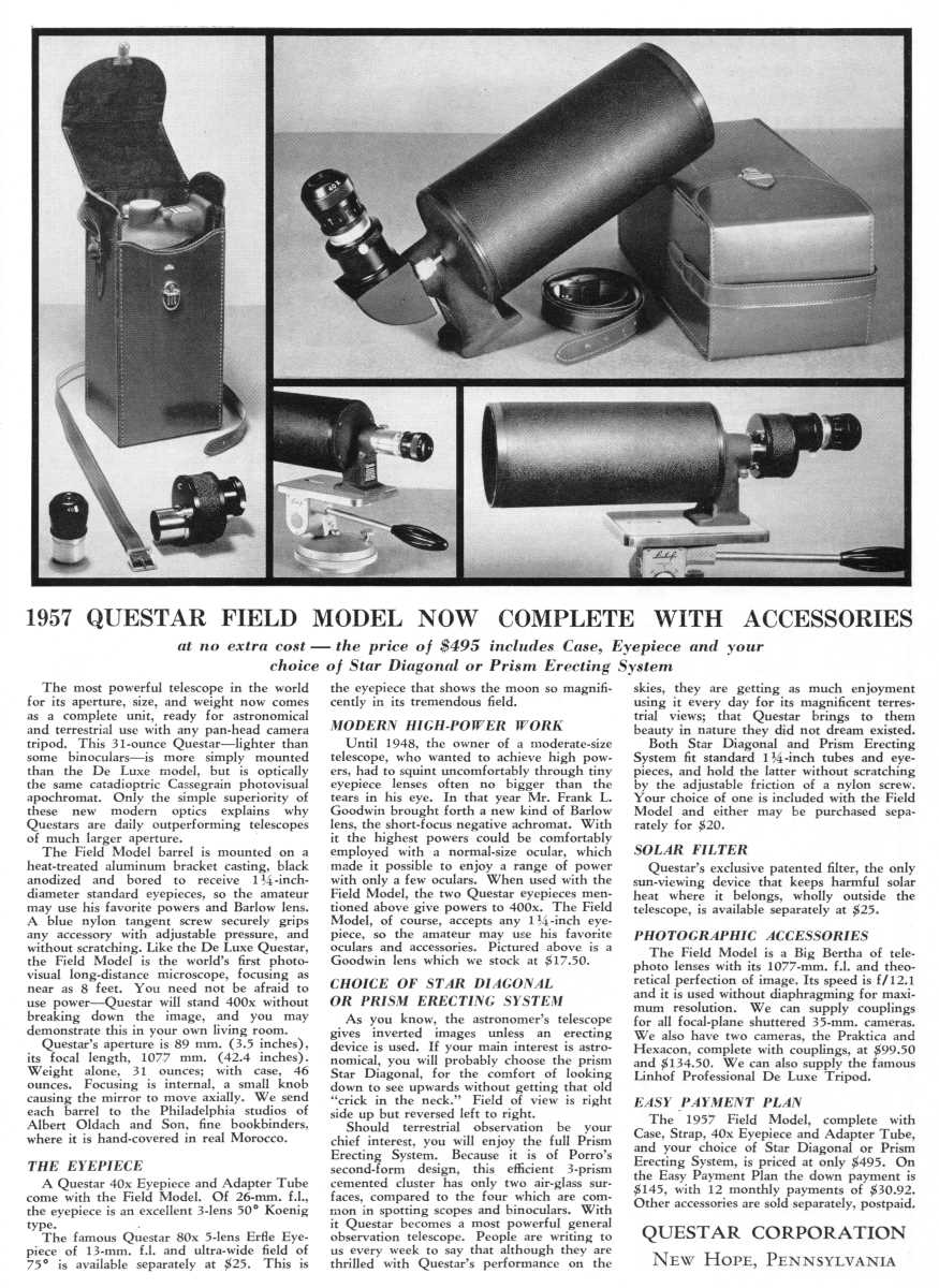 Questar advertisement, <em>Sky and Telescope</em>, January 1957