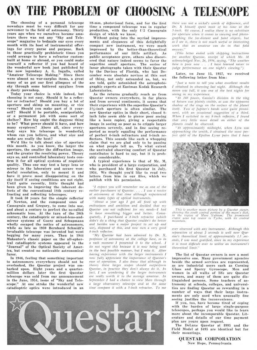 Questar advertisement, <em>Sky and Telescope</em>, August 1957