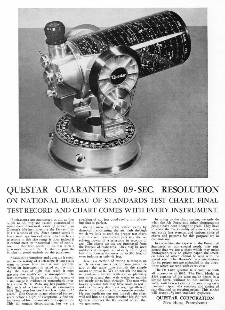 Questar advertisement, <em>Sky and Telescope</em>, November 1957
