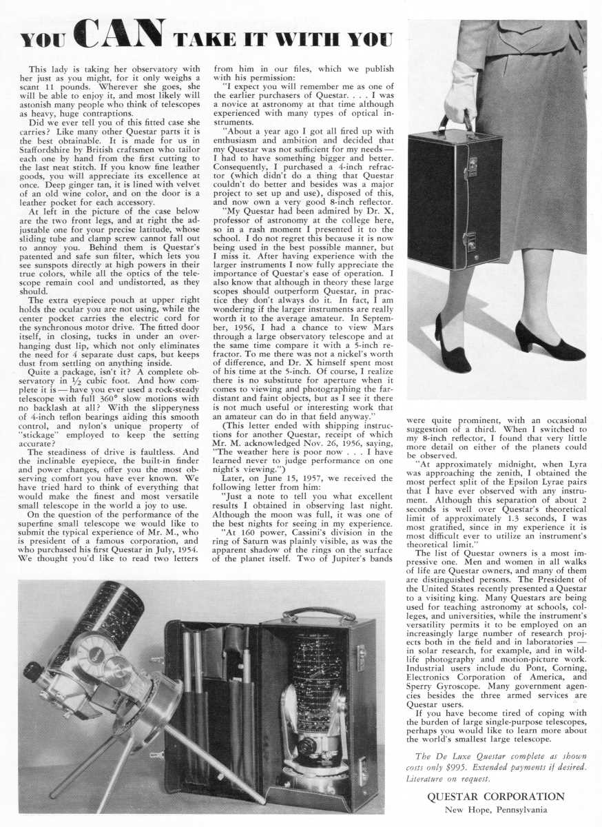 Questar advertisement, <em>Sky and Telescope</em>, May 1958