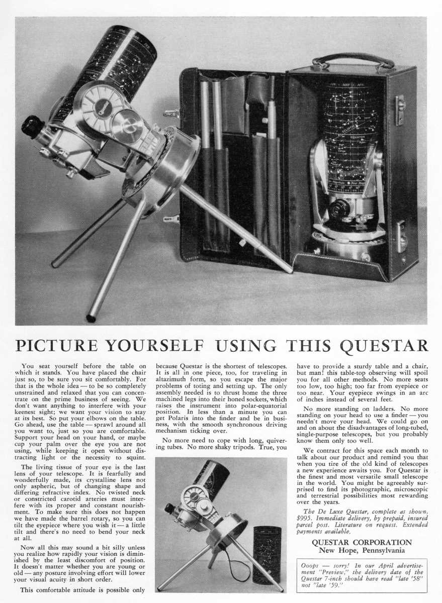 Questar advertisement, <em>Sky and Telescope</em>, June 1958