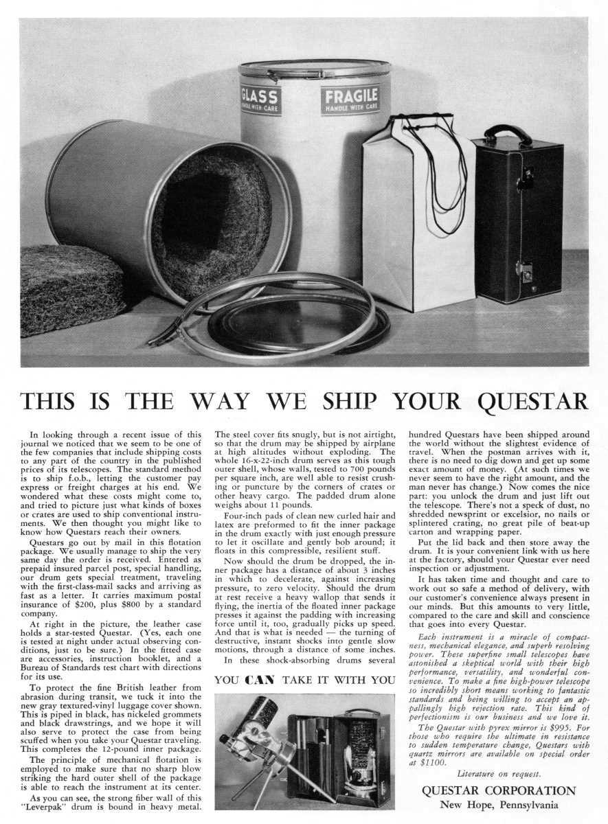 Questar advertisement, <em>Sky and Telescope</em>, December 1958