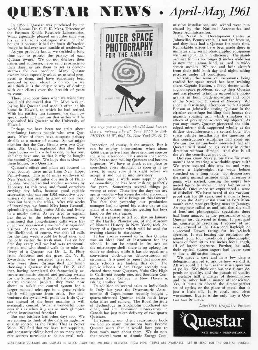 Questar advertisement, <em>Sky and Telescope</em>, April 1961
