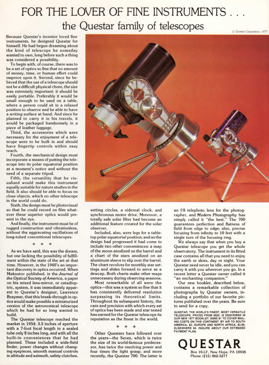 Questar advertisement, <em>Sky and Telescope</em>, August 1977
