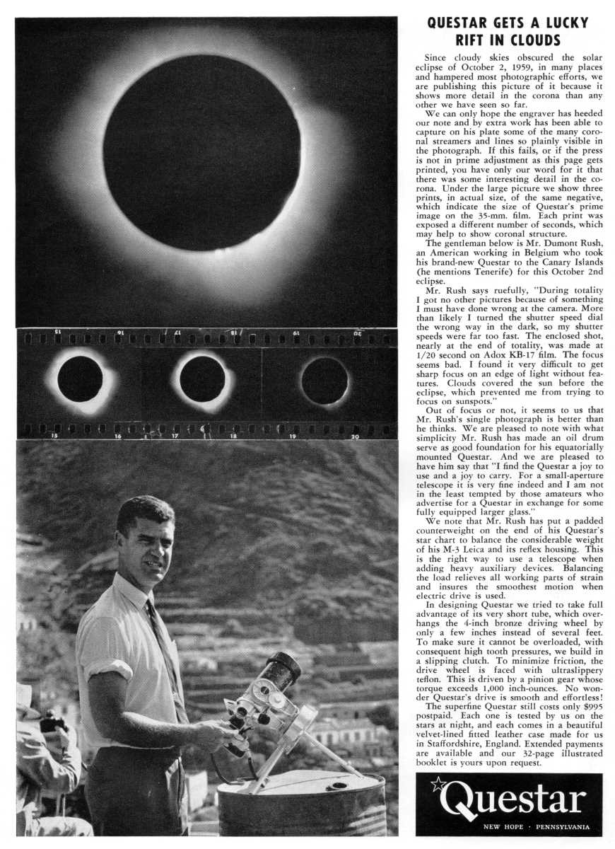 Questar advertisement, <em>Sky and Telescope</em>, March 1960