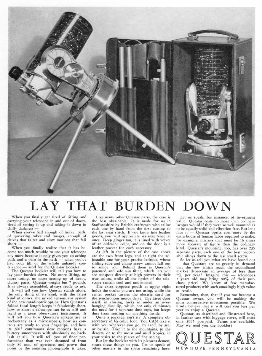 Questar advertisement, <em>Sky and Telescope</em>, August 1961