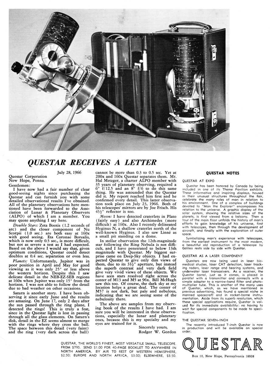 Questar advertisement, <em>Sky and Telescope</em>, September 1967