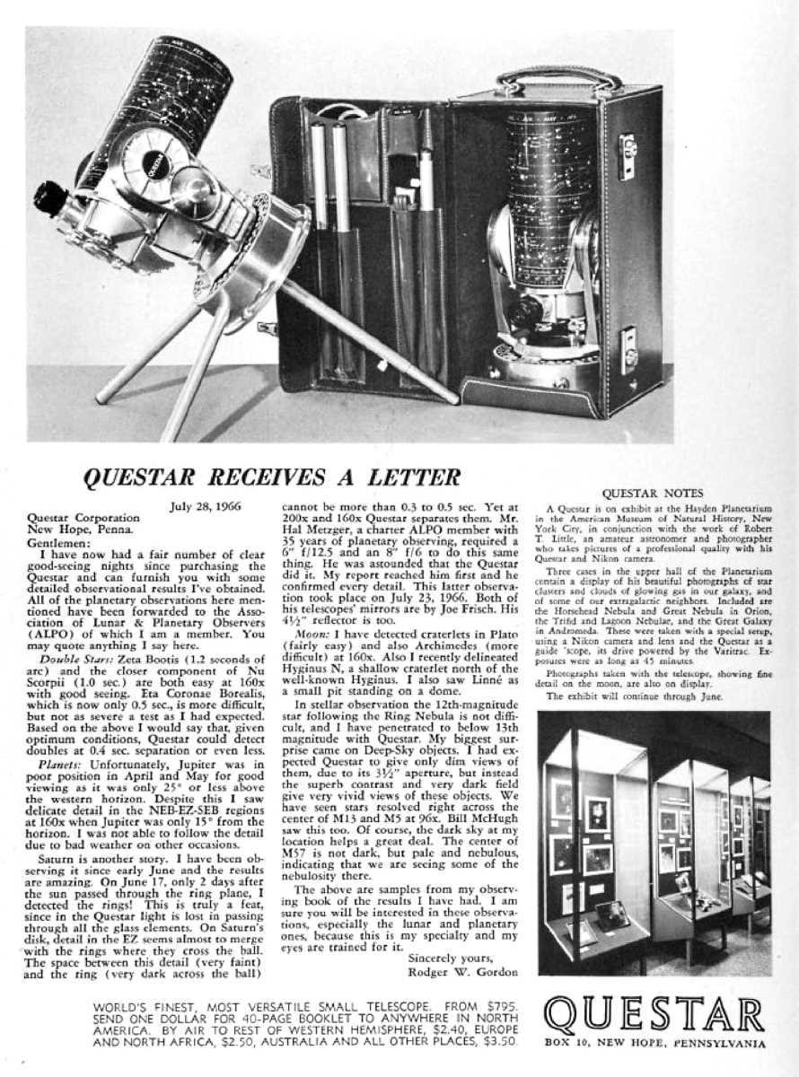 Questar advertisement, <em>Sky and Telescope</em>, February 1967