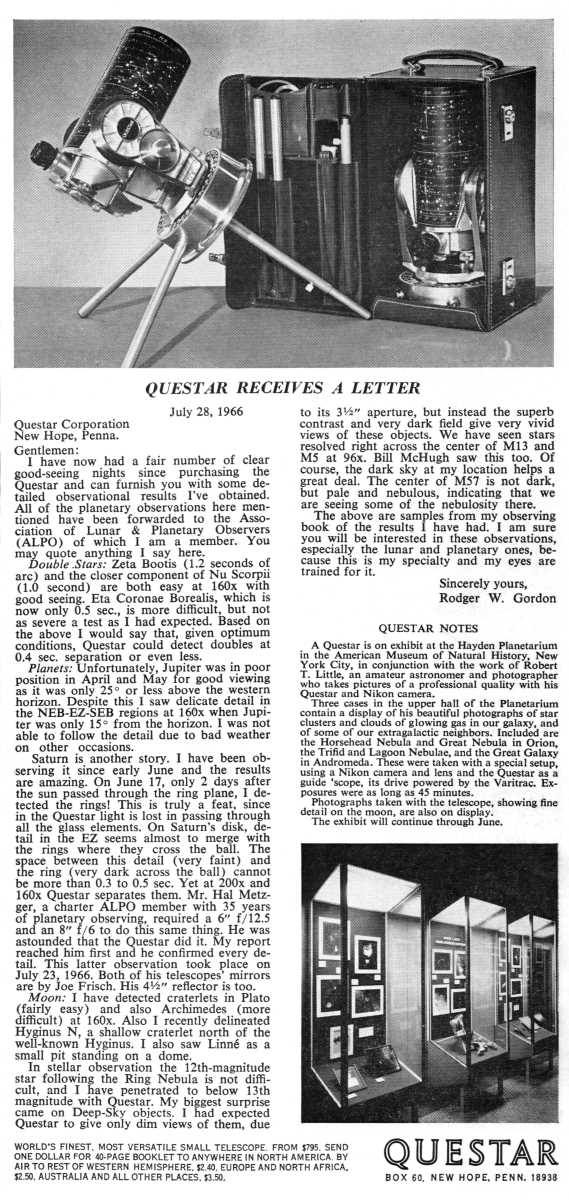 Questar advertisement, <em>Natural History</em>, March 1967