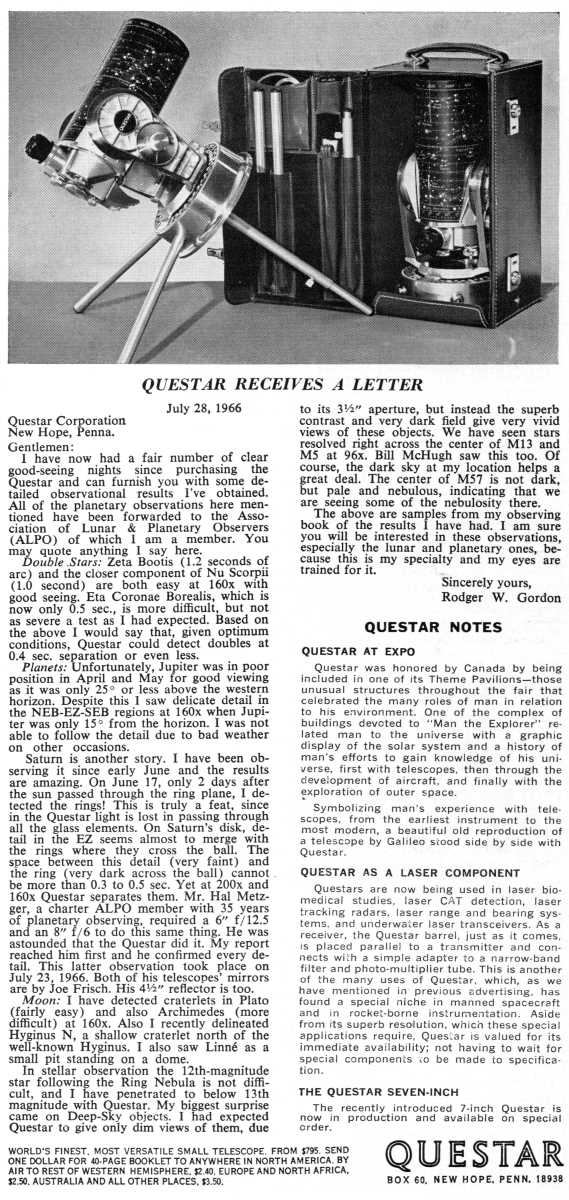 Questar advertisement, <em>Natural History</em>, January 1968