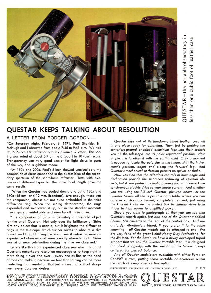 Questar advertisement, <em>Sky and Telescope</em>, April 1971