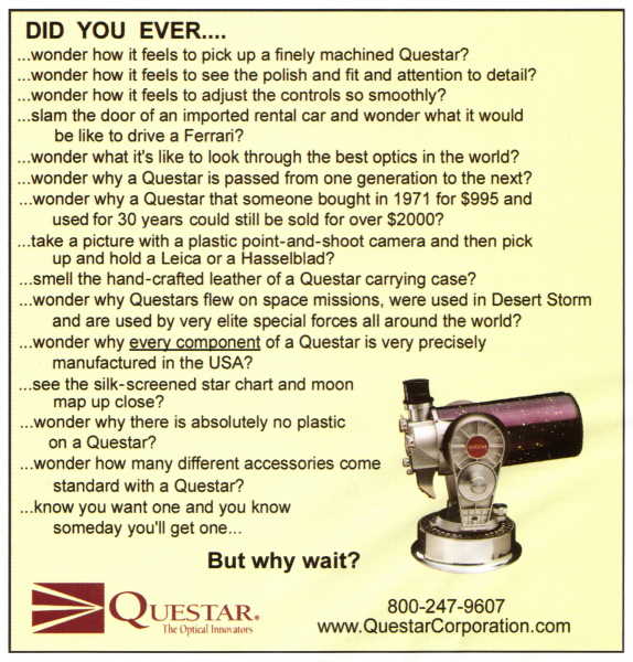 Questar advertisement, <em>Sky and Telescope</em>, August 2002