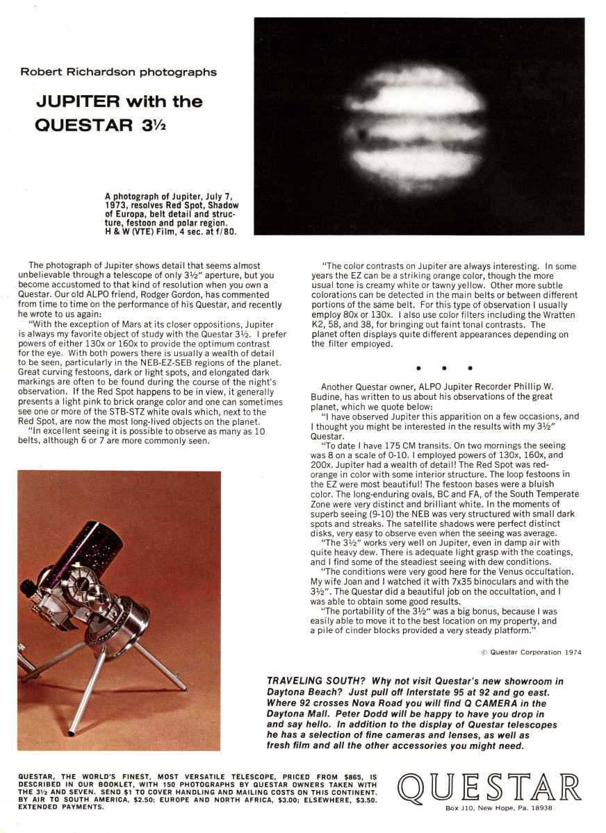 Questar advertisement, <em>Sky and Telescope</em>, August 1975