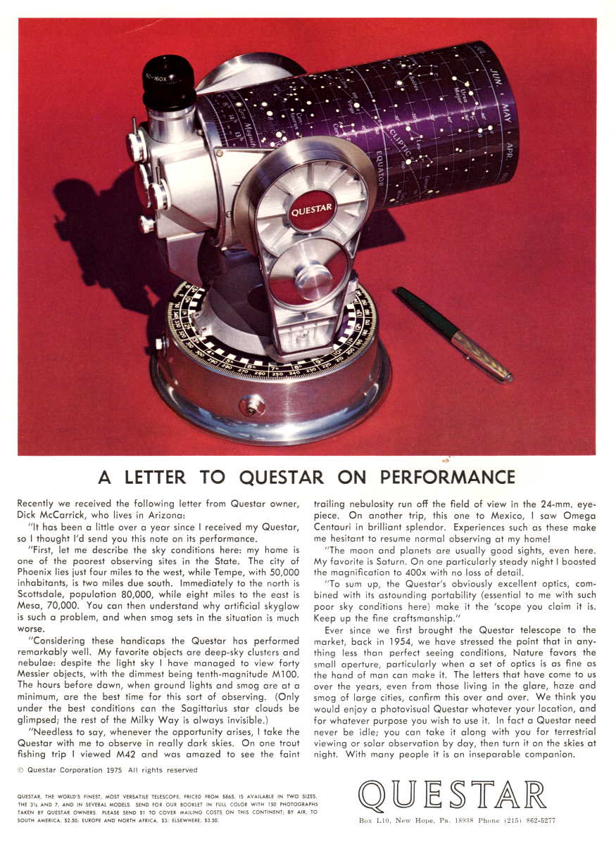 Questar advertisement, <em>Sky and Telescope</em>, October 1975