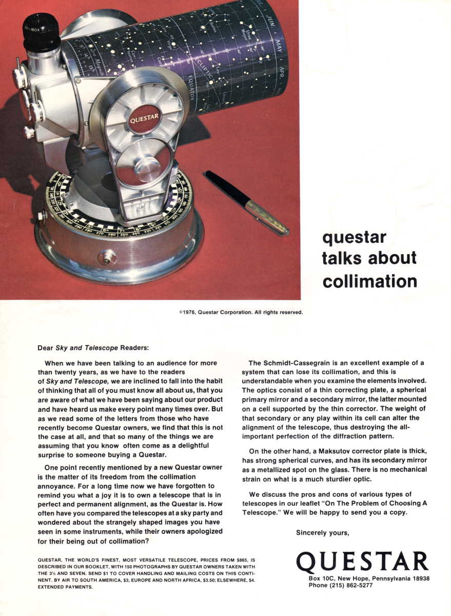 Questar advertisement, <em>Sky and Telescope</em>, November 1976