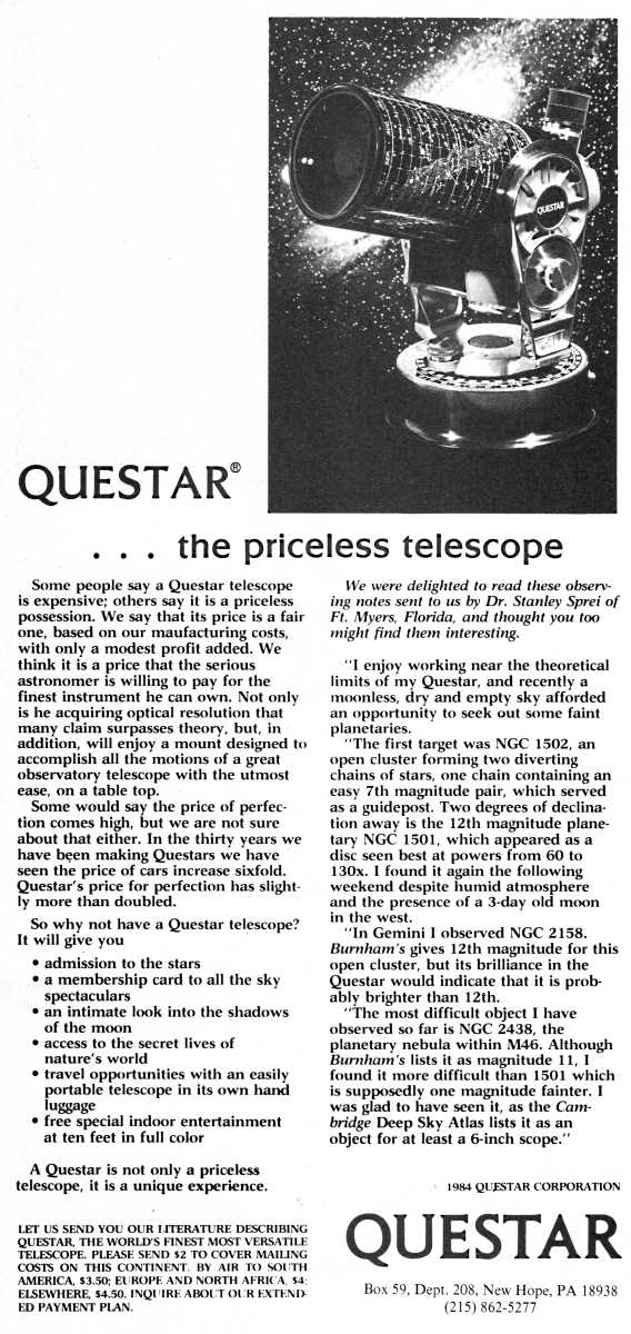 Questar advertisement, <em>Scientific American</em>, May 1985
