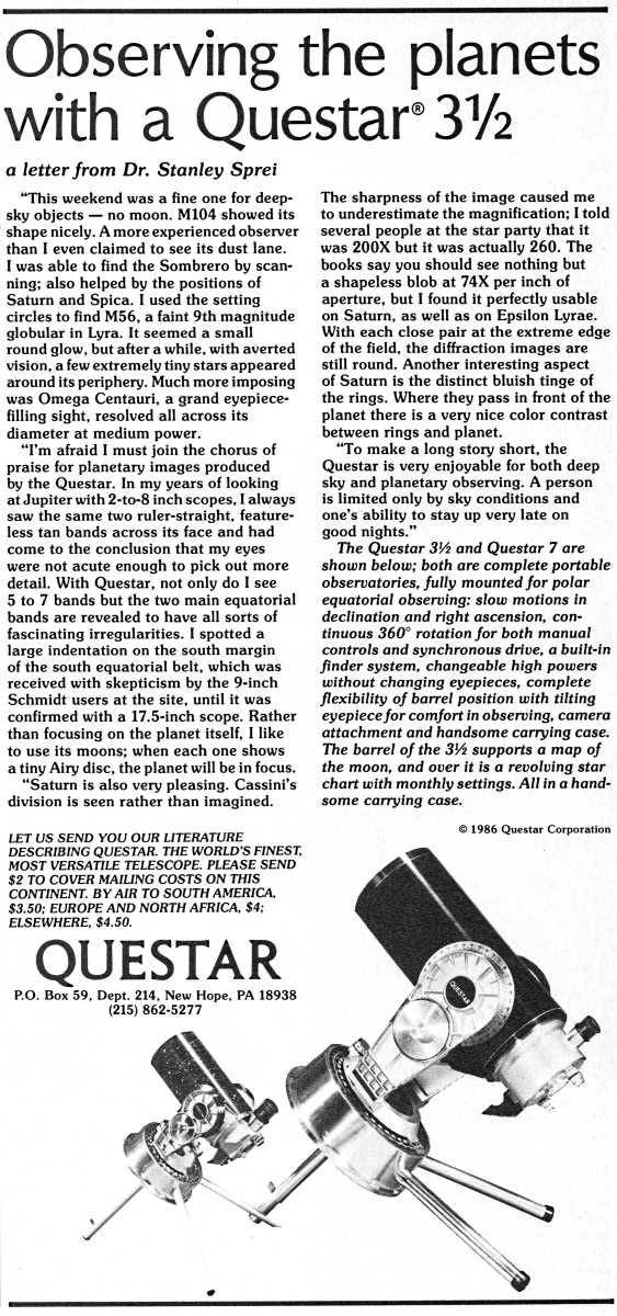 Questar advertisement, <em>Scientific American</em>, July 1986