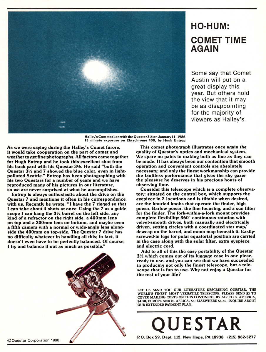 Questar advertisement, <em>Sky and Telescope</em>, April 1990