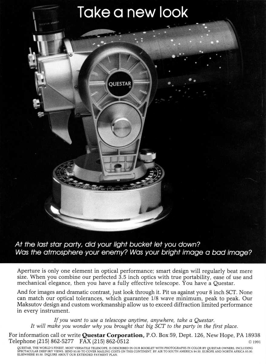 Questar advertisement, <em>Sky and Telescope</em>, August 1991
