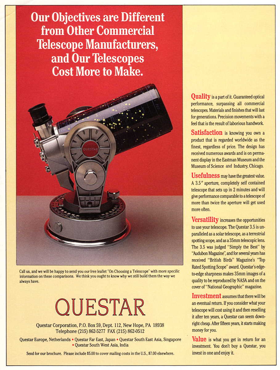 Questar advertisement, <em>Sky and Telescope</em>, November 1992