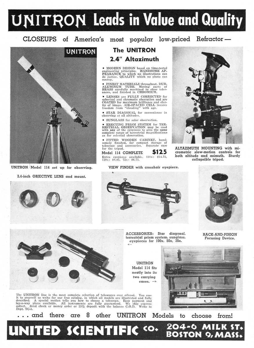 Unitron advertisement in the May 1954 issue of <em>Sky and Telescope</em>