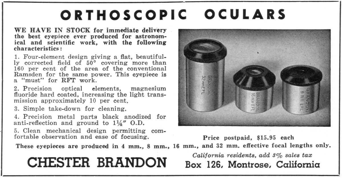 Chester Brandon advertisement, <em>Sky and Telescope</em>, May 1954