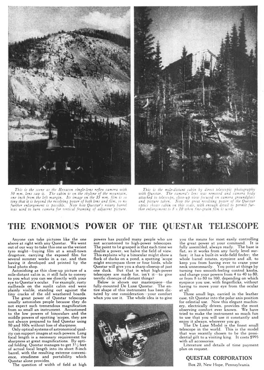 Questar advertisement, <em>Nature</em>, June-July 1958