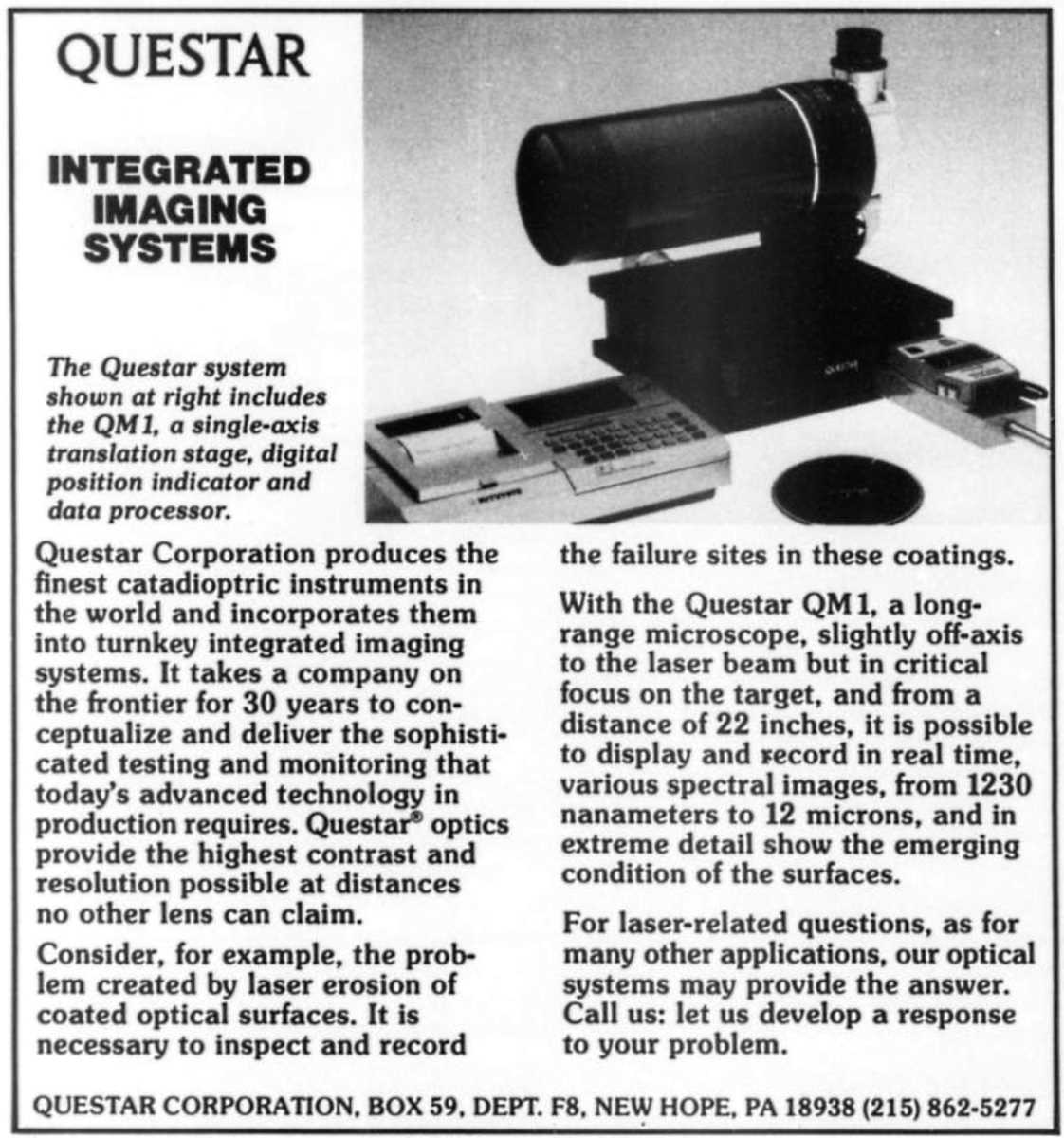 Questar advertisement, <em>Industrial Research & Development</em>, September 1985
