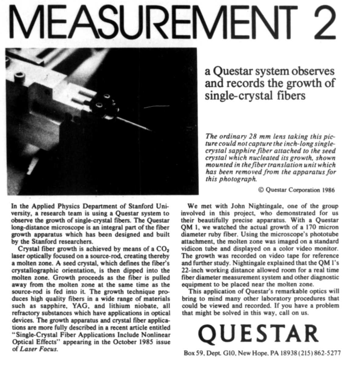 Questar advertisement, <em>Lasers & Applications</em>, June 1986